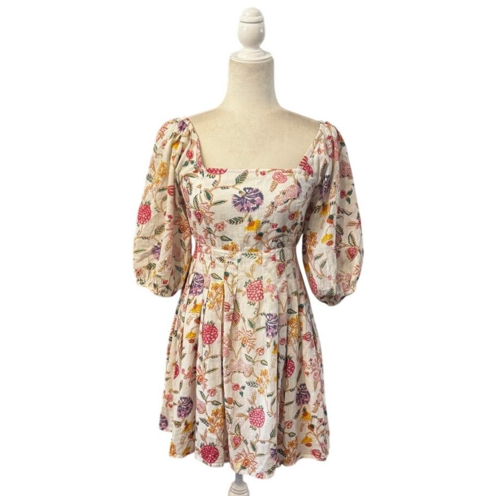 Madison Mathews Hope Mini Dress Floral Open Back Cottagecore Puff Sleeve Size S